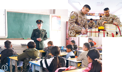 “雷锋班”所在连队官兵开展爱心助学活动。图①：战士为学生讲雷锋的故事。图②：官兵捐赠图书。李东雪摄