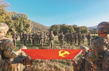 该旅在训练间隙组织官兵向党旗宣誓，激励官兵以昂扬斗志投身练兵备战。冯义桥摄