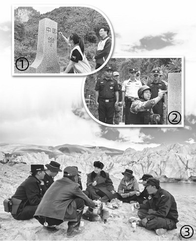 图①：韦鲜（左）为界碑描红。作者供图 &nbsp; &nbsp; &nbsp;图②：袁恩杨（前）为界碑描红。王小波摄 &nbsp; &nbsp; &nbsp;图③：巡边途中，常啸（中）与边防民警、护边员交流。罗 &nbsp;布摄