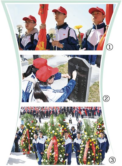图①：学生手持菊花面向革命烈士纪念碑。图②：固原二中学生擦拭烈士墓碑。图③：在任山河烈士陵园，学生代表向革命烈士纪念碑敬献花篮。