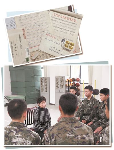 上图：叶晓茵与有婚恋需求官兵的往来信件。下图：叶晓茵走进武警江西总队上饶支队某中队，与官兵面对面交流婚恋诉求。余 威摄